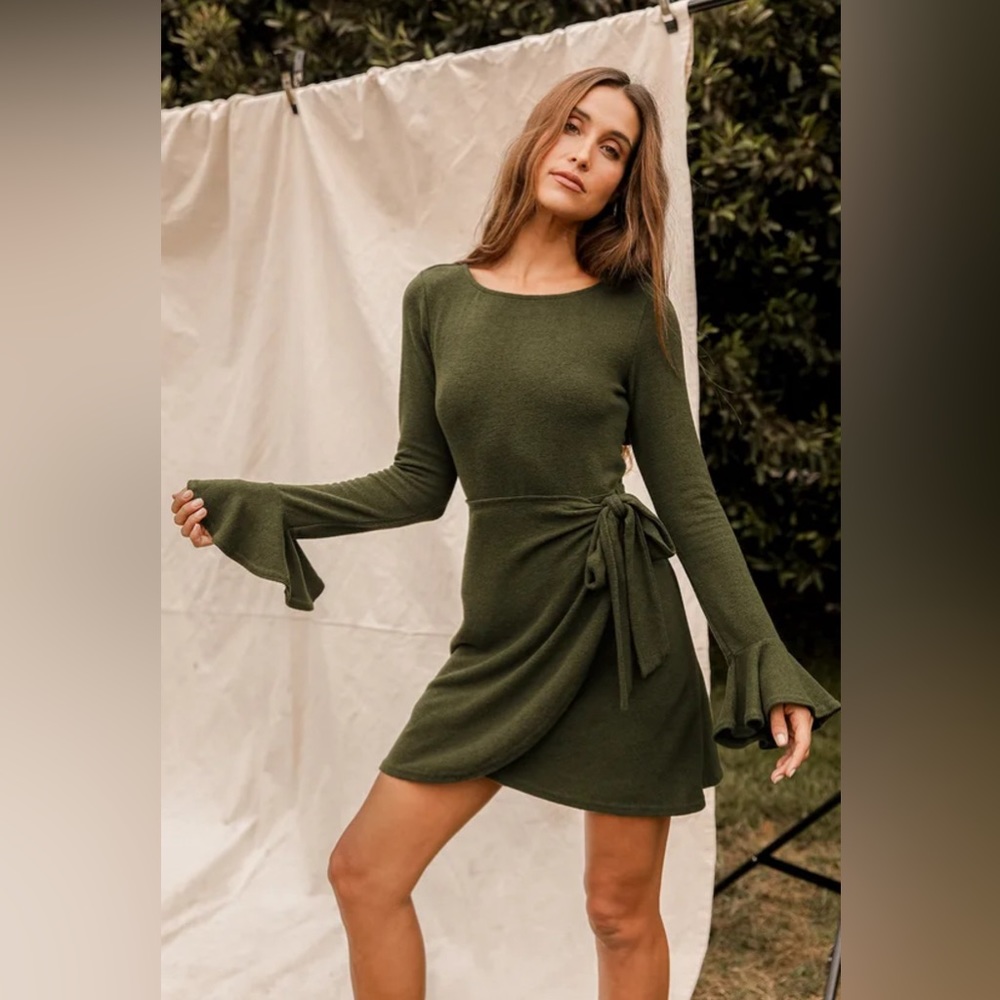 LULU’S XS Favorite Tune Olive Green Faux Wrap Sweater Dress